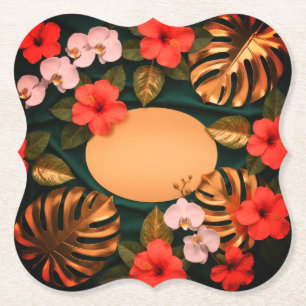 Botanical Gold Monstera Hibiscus Elegant Luxury Paper Coaster