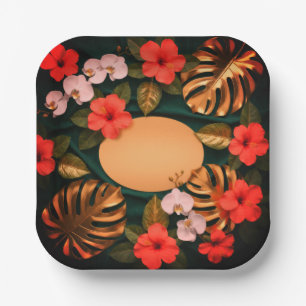 Botanical Gold Monstera Hibiscus Elegant Luxury Paper Plate