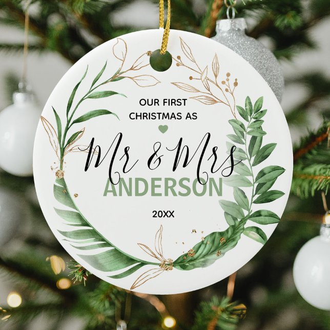 Botanical Gold Our First Christmas Mr & Mrs Photo Ceramic Ornament (Creator Uploaded)