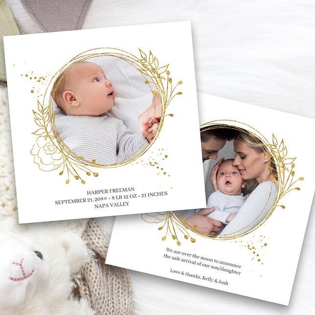 Botanical Gold Photo Frame Elegant Birth Announcement (2 Framed Photo Baby Birth Announcement. Buy printed or as a printable digital download)