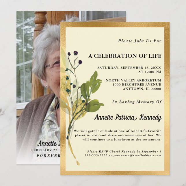 Botanical Gold Photo Memorial Invitation (Front/Back)