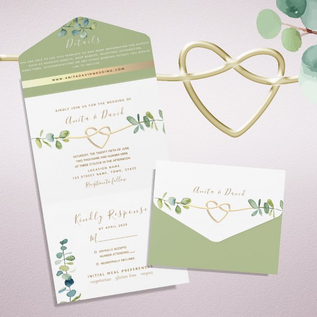 Botanical Gold Sage Green Wedding  All In One Invitation (Creator Uploaded)