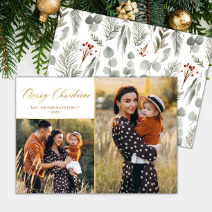 Botanical Gold Script 2 Photo Collage Christmas Holiday Card