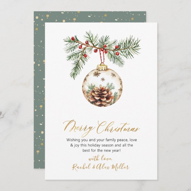 Botanical Gold Script Non Photo Merry Christmas Holiday Card (Front/Back)