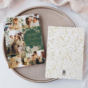 Botanical Gold White Floral Wreath Photo Christmas Holiday Card