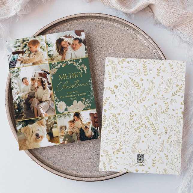 Botanical Gold White Floral Wreath Photo Christmas Holiday Card (Creator Uploaded)