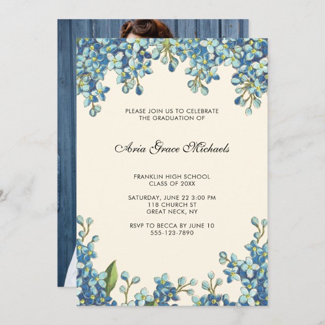 Botanical Graduation Party Photo Invitation Blue (Front/Back)