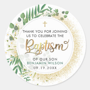Botanical Green And Gold Baptism Thank You Classic Round Sticker