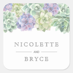 Botanical Green and Purple Succulents Wedding Square Sticker