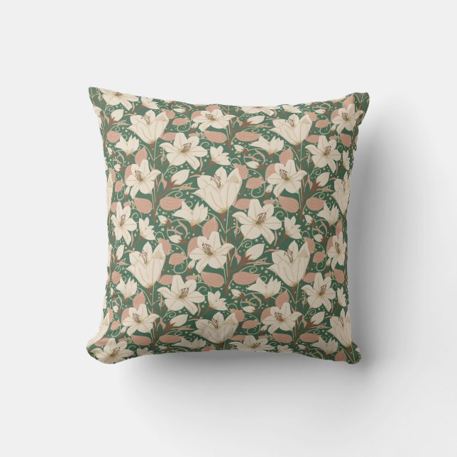 Botanical Green Beige Lily Floral Pattern   Cushion (Front)