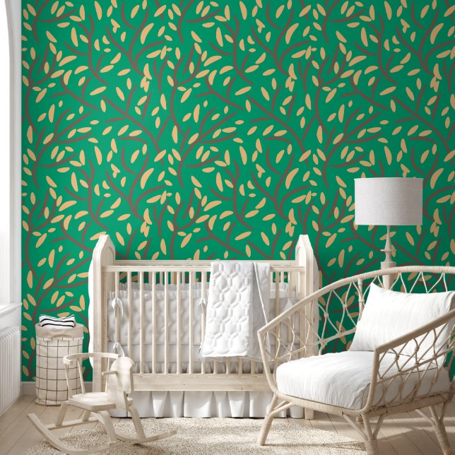 Botanical Green Blue Forest Leaves Vines  Beige  Wallpaper (Kids)