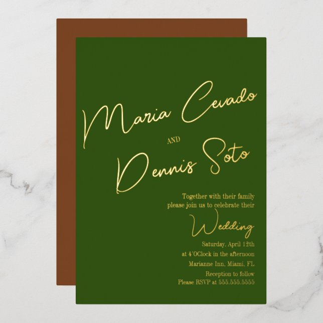 Botanical Green Brown Script Wedding  (Front/Back)