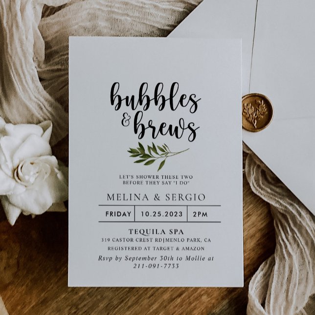 Botanical Green Bubbles & Brews Bridal shower  Invitation (Creator Uploaded)