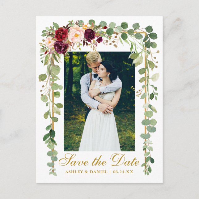Botanical Green Burgundy Floral Save The Date Gold Announcement Postcard (Front)