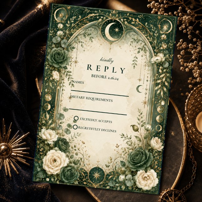 Botanical Green Celestial Wedding RSVP Card (Creator Uploaded)