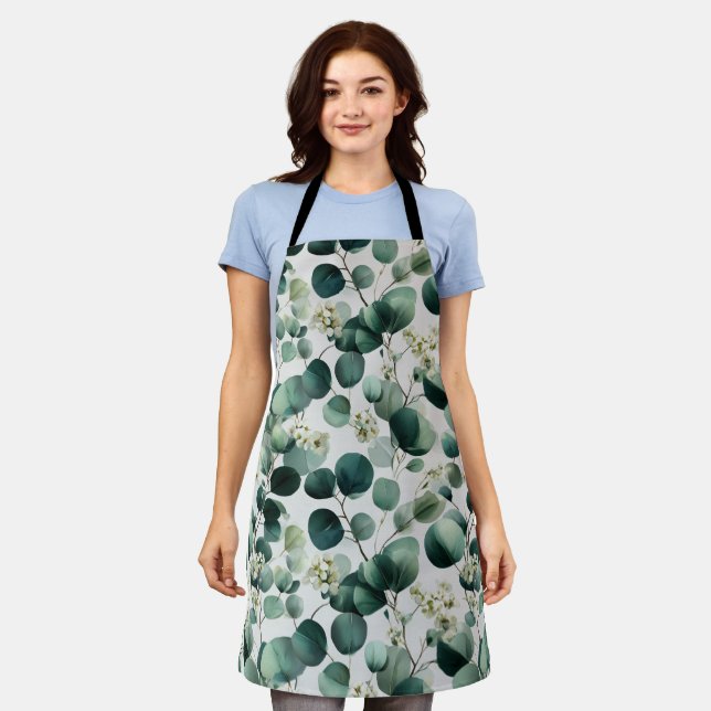 Botanical Green Eucalyptus White Floral Pattern Apron (Worn)
