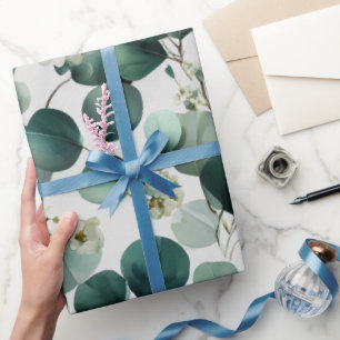 Botanical Green Eucalyptus White Floral Pattern Wrapping Paper