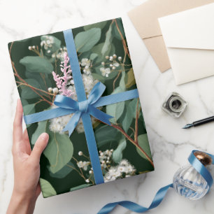 Botanical Green Eucalyptus White Floral Pattern Wrapping Paper