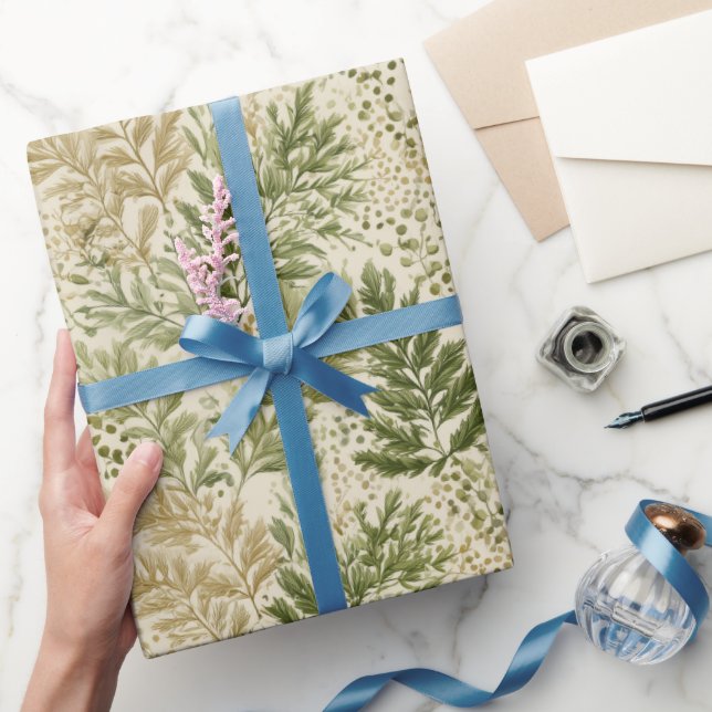 Botanical Green Fern Beige Floral Pattern Wrapping Paper (Gifting)