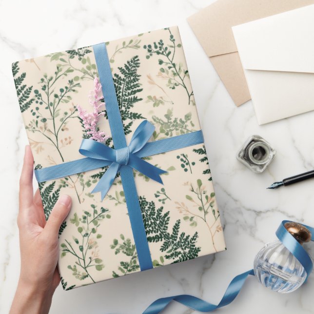 Botanical Green Fern Beige Floral Pattern Wrapping Paper (Gifting)
