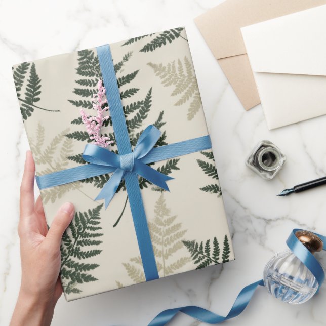 Botanical Green Fern Beige Floral Pattern Wrapping Paper (Gifting)