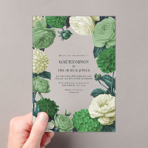Botanical Green, Fern Shadow & Ivory Bud Wedding Acrylic Invitations