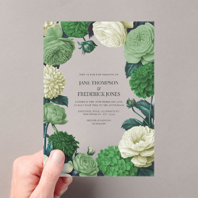 Botanical Green, Fern Shadow & Ivory Bud Wedding Acrylic Invitations (Insitu (Handheld))