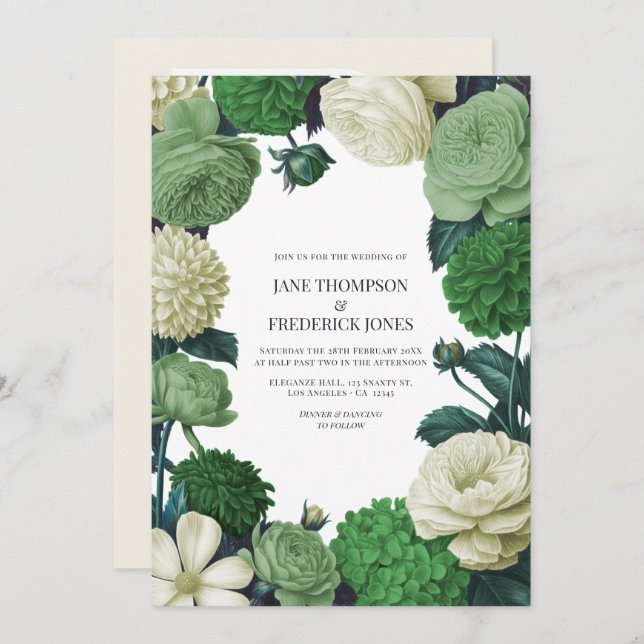Botanical Green, Fern Shadow & Ivory Bud Wedding Invitation (Front/Back)