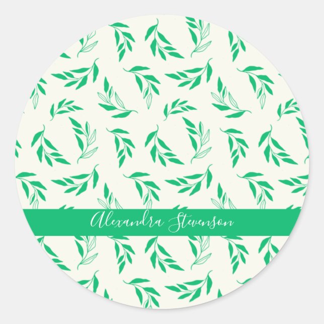 Botanical Green Floral Plant Leaves Personalised  Classic Round Sticker (Front)