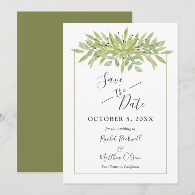 Botanical Green Foliage Wedding Save the Date Card (Front/Back)