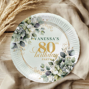 Botanical Green Gold Eucalyptus 80th Birthday Paper Plate