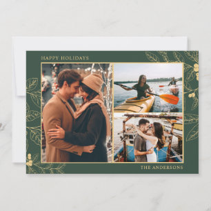 Botanical Green Gold Three Photo Christmas Holiday