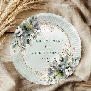 Botanical Green Gold Watercolor Wedding Paper Plate