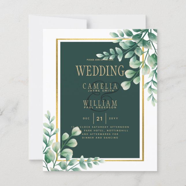 Botanical Green Gold Wedding Invitation Emerald (Front)
