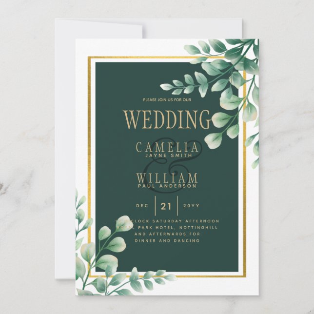 Botanical Green Gold Wedding Invitation Emerald (Front)