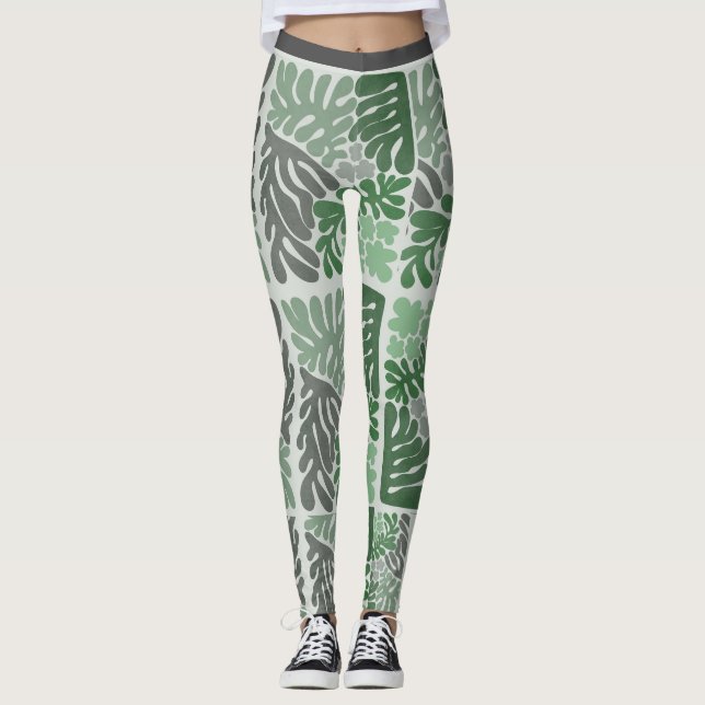 Botanical Green & Grey Leaf Print Women’s Leggings (Front)