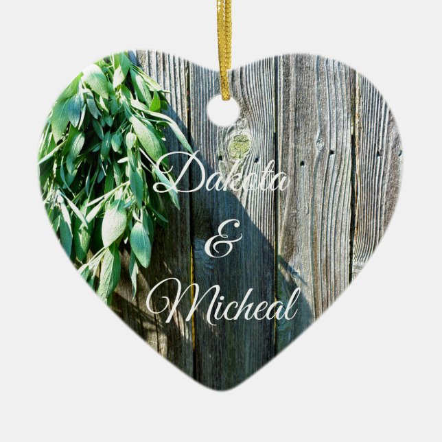 Botanical green herbs distressed wood grain ceramic tree decoration (Front)