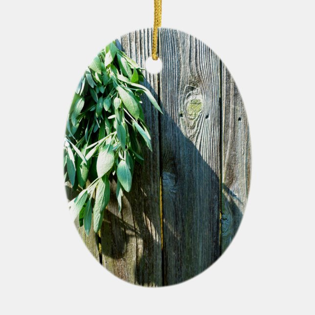 Botanical green herbs distressed wood grain ceramic tree decoration (Front)