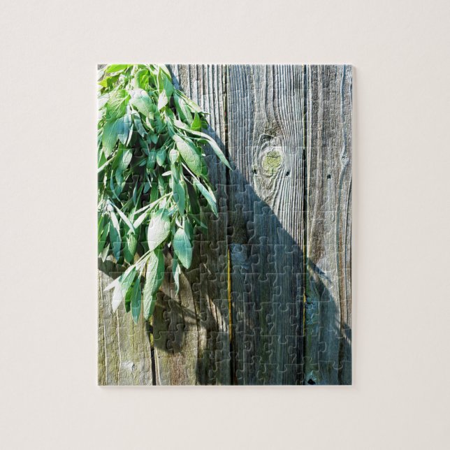 Botanical green herbs distressed wood grain jigsaw puzzle (Vertical)