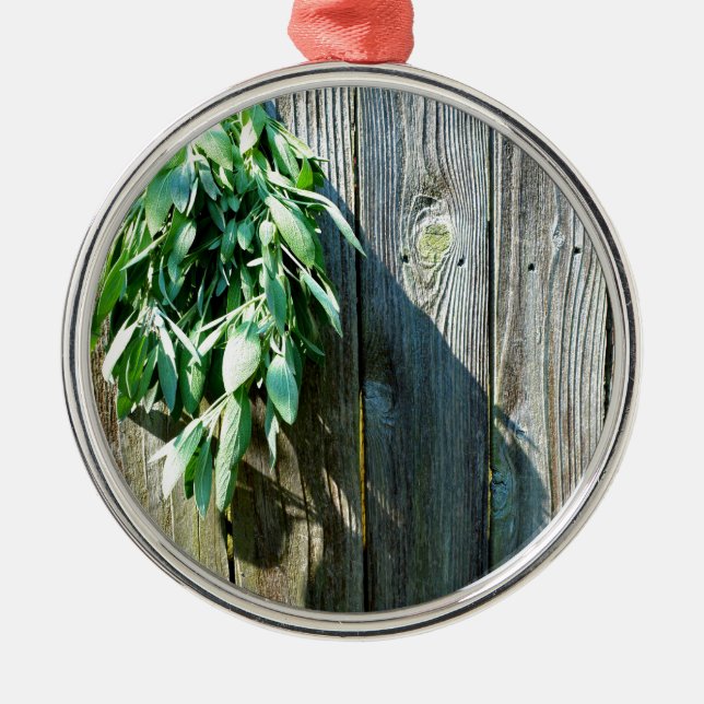 Botanical green herbs distressed wood grain metal ornament (Front)