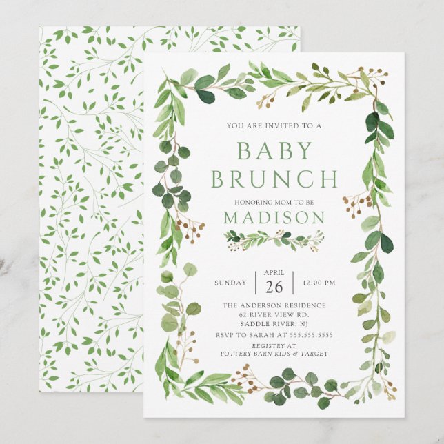 Botanical Green Leaf Baby Brunch Invitation (Front/Back)