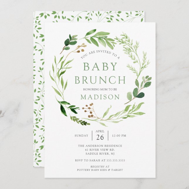 Botanical Green Leaf Baby Brunch Invitation (Front/Back)
