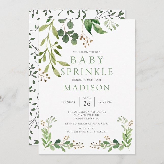 Botanical Green Leaf Baby Sprinkle Invitation (Front/Back)