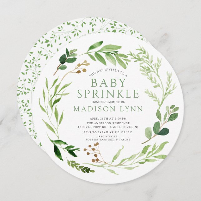 Botanical Green Leaf Baby Sprinkle Invitation (Front/Back)