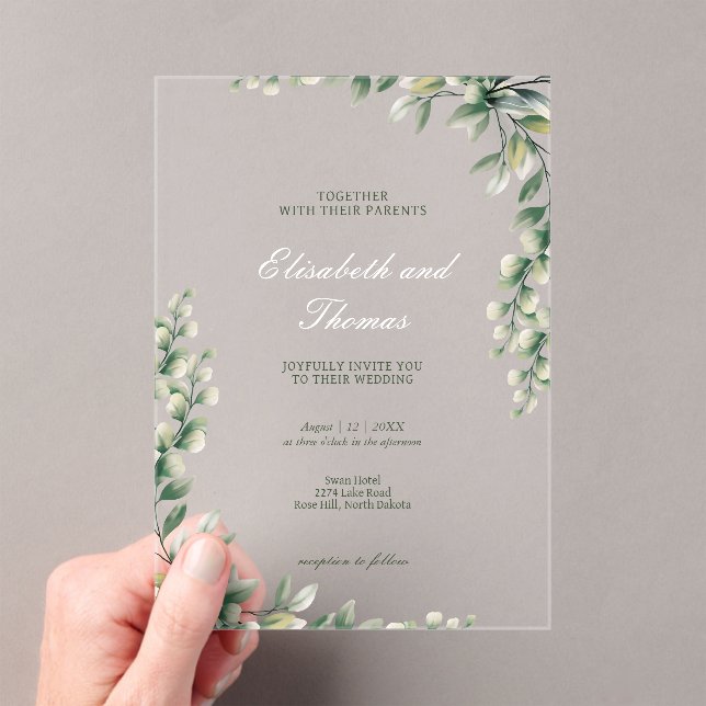 Botanical green leaves elegant wedding  acrylic invitations (Insitu (Handheld))