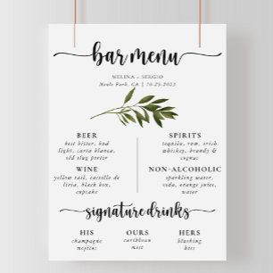 Botanical Green Leaves Wedding Bar Menu  Poster