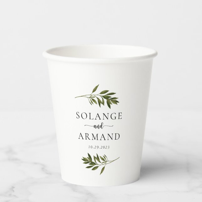 Botanical Green Leaves Wedding  Paper Cups (Front)