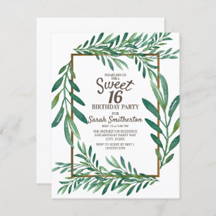 Botanical Green Leaves White Gold Sweet 16 Invitation
