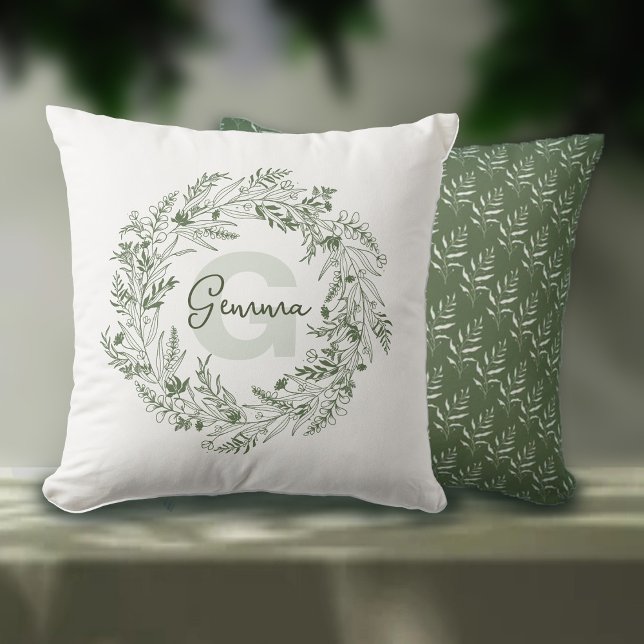 Botanical Green Monogram G Design Cushion (Creator Uploaded)