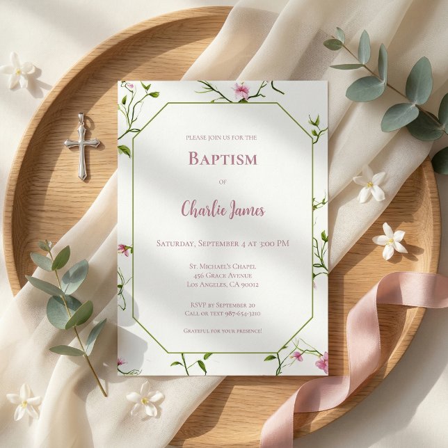 Botanical Green Pink Baptism Invitation (Creator Uploaded)